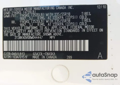 2011 Toyota Rav4 Sport V6 z USA, uszkodzony, nr VIN 2T3RK4DV0BW044447